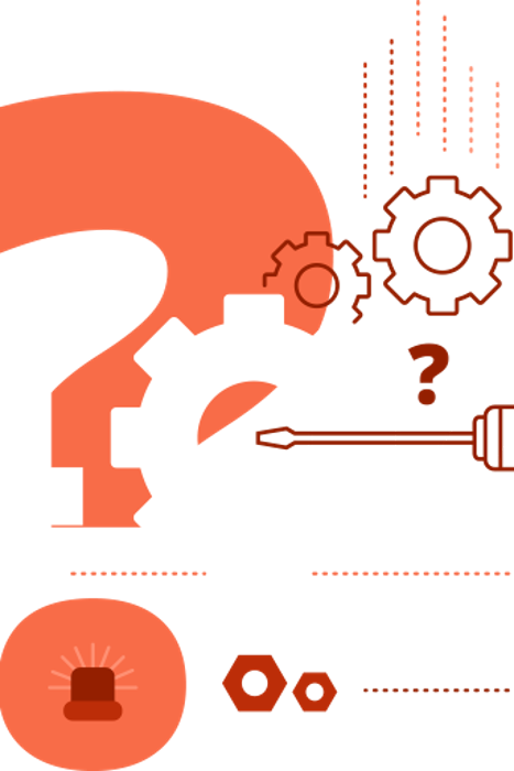 Grafik für eine Fehlermeldung oder Störung mit Symbolen wie Zahnrädern, Werkzeugen, 404, Blaulicht & Roboter mit Schild 