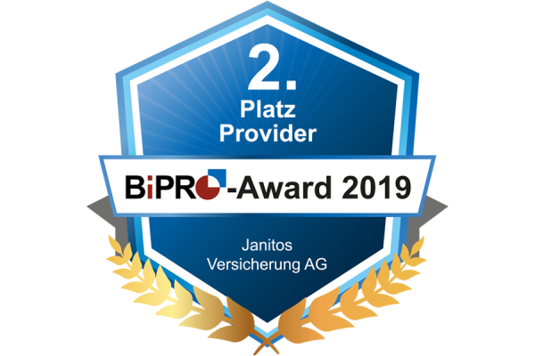 Auszeichnung 2. Platz BiPRO Award 2019 Janitos Versicherung AG