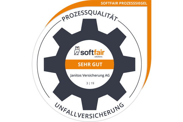 Janitos Auszeichnung softfair Prozesssiegel Janitos Unfallversicherung SEHR GUT 2019